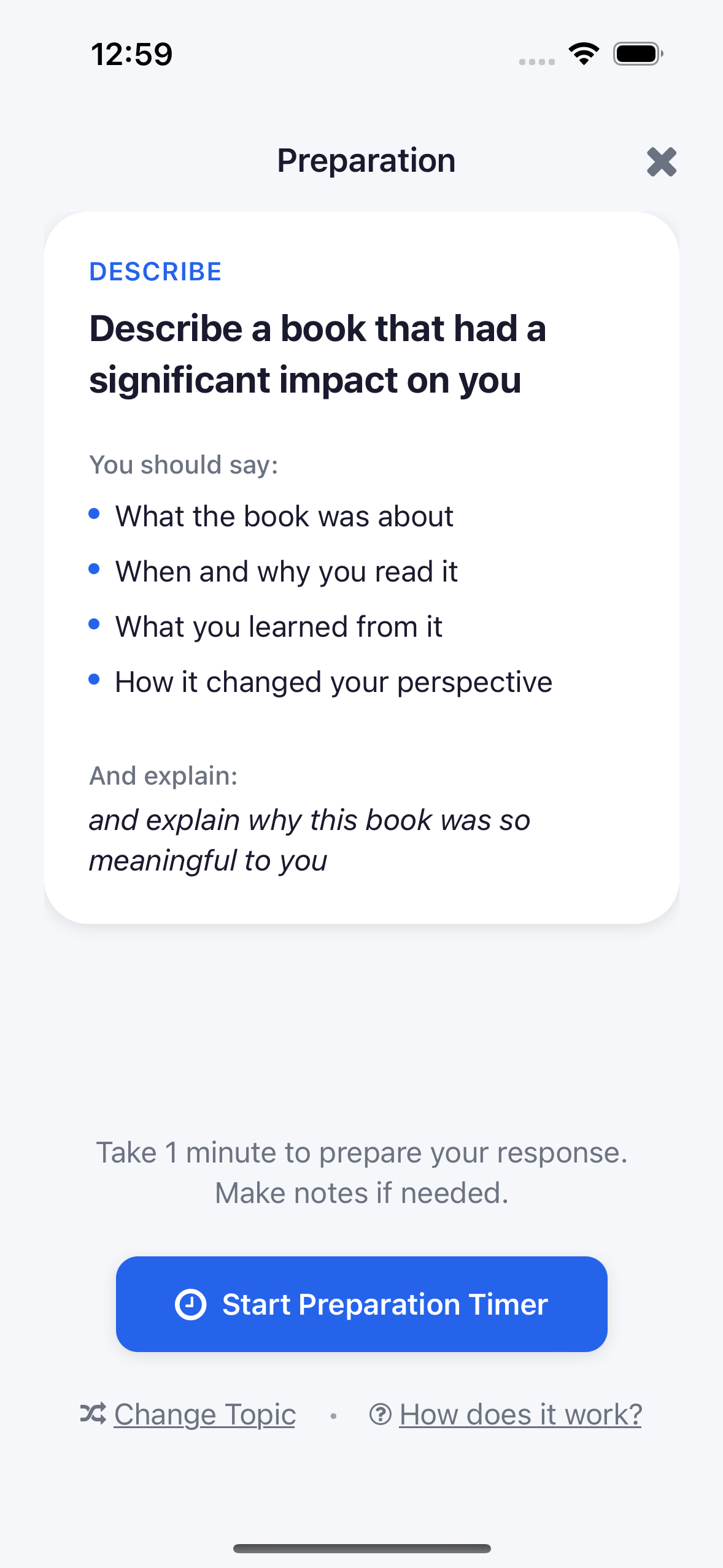SpeakReady cue card screen showing an IELTS Part 2 topic with bullet points and follow-up prompt