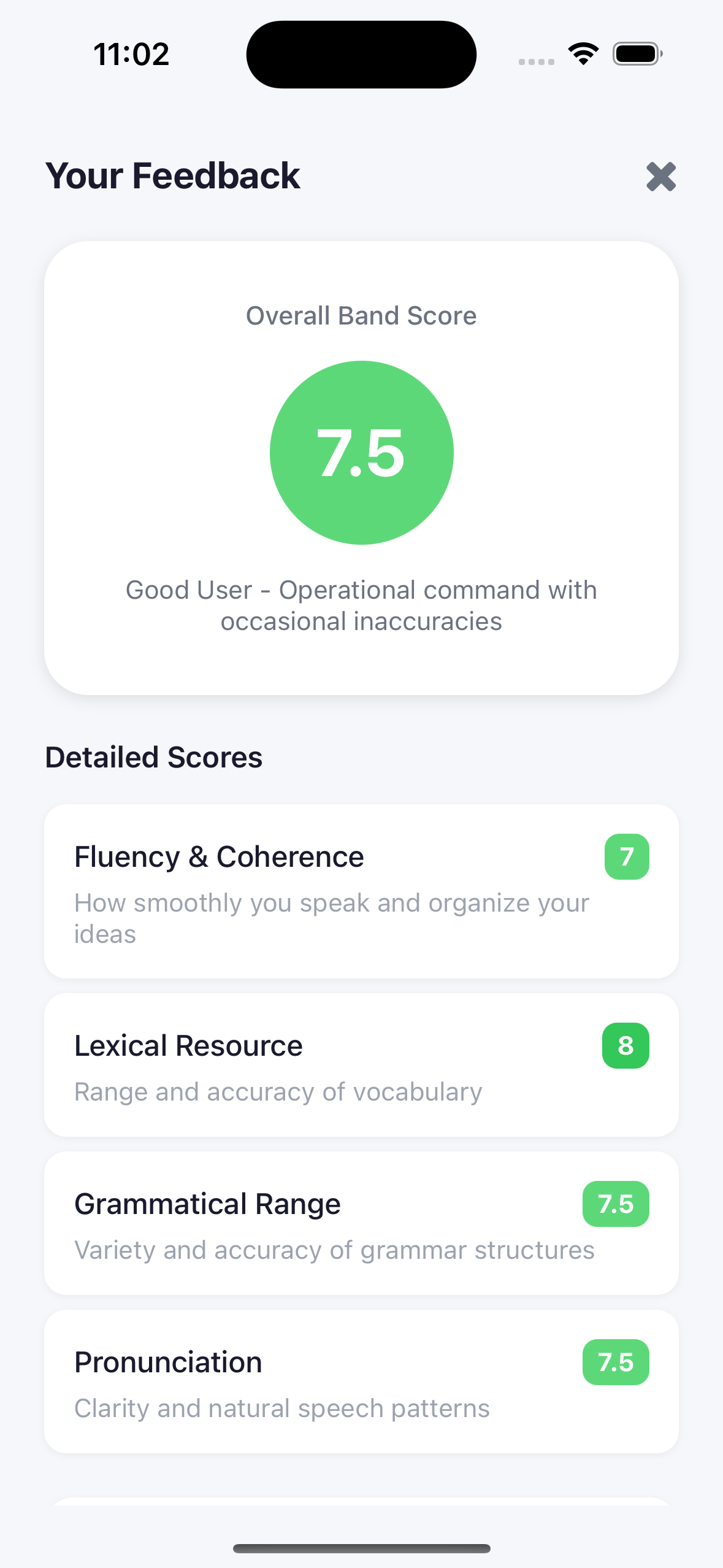 SpeakReady AI feedback screen showing overall IELTS band score with Fluency, Lexical Resource, Grammar, and Pronunciation breakdown