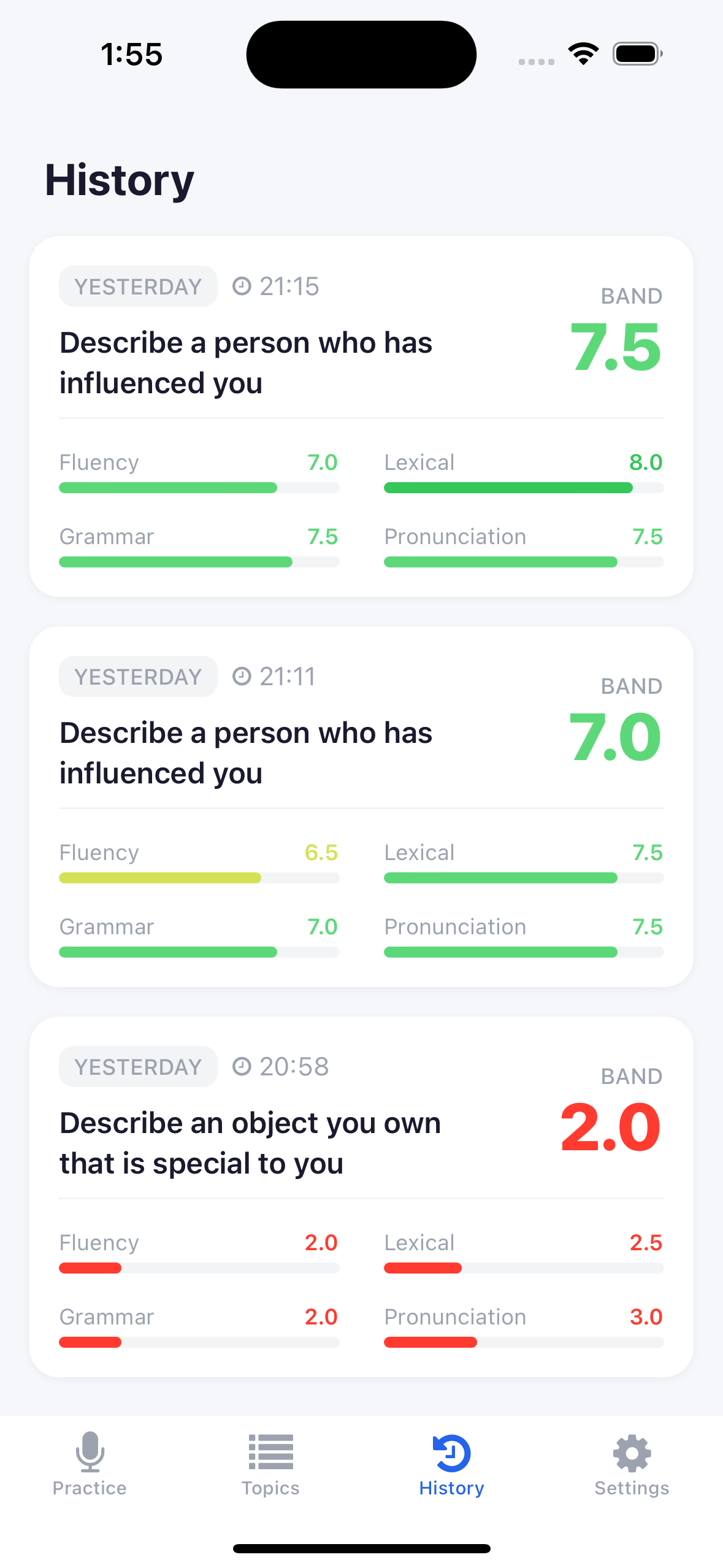 SpeakReady practice history screen showing past IELTS speaking sessions with band scores and criteria breakdown for tracking progress