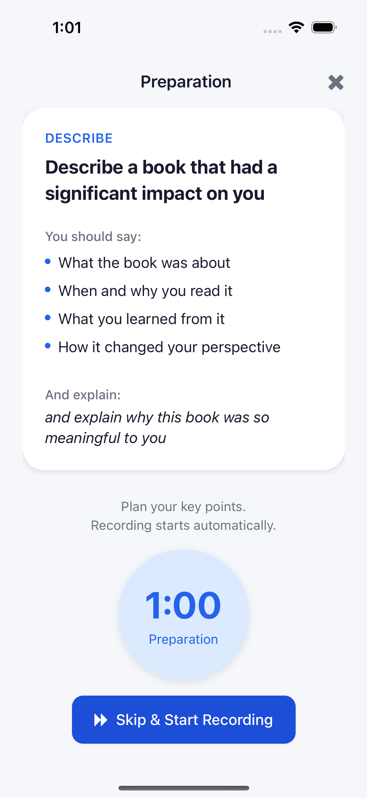 SpeakReady 1-minute preparation timer with cue card visible for planning your IELTS speaking response