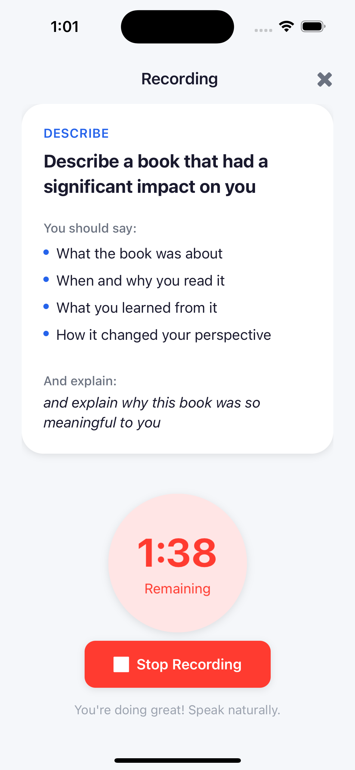 SpeakReady recording screen with 2-minute countdown timer and stop recording button during IELTS speaking practice
