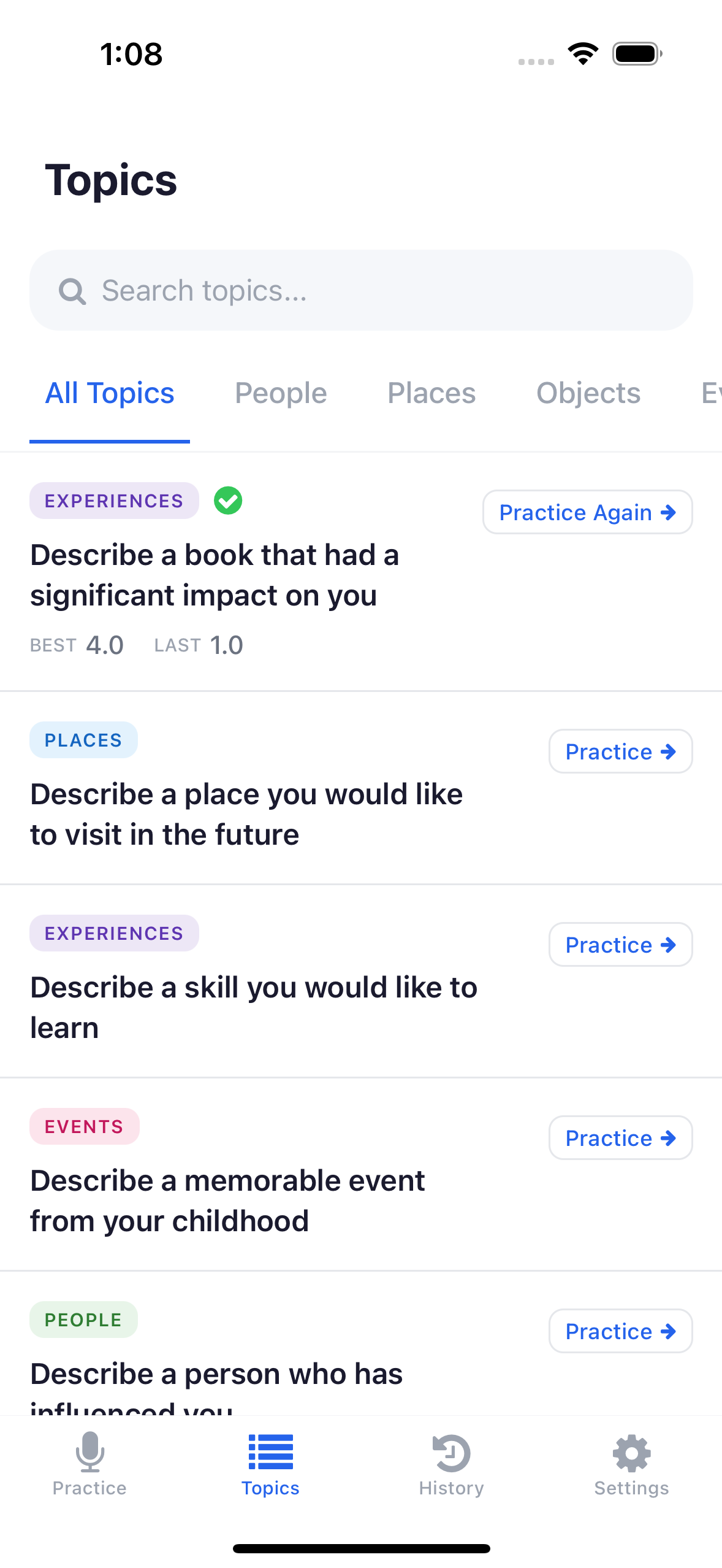 SpeakReady topic browser showing IELTS Part 2 cue cards organized by category including People, Places, Objects, Events, and Experiences